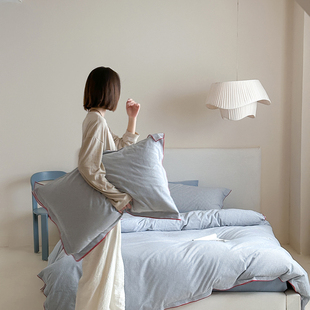 条纹纯棉全棉密拷边ins床上床单被套四件套 水洗棉淡蓝 宅姿势