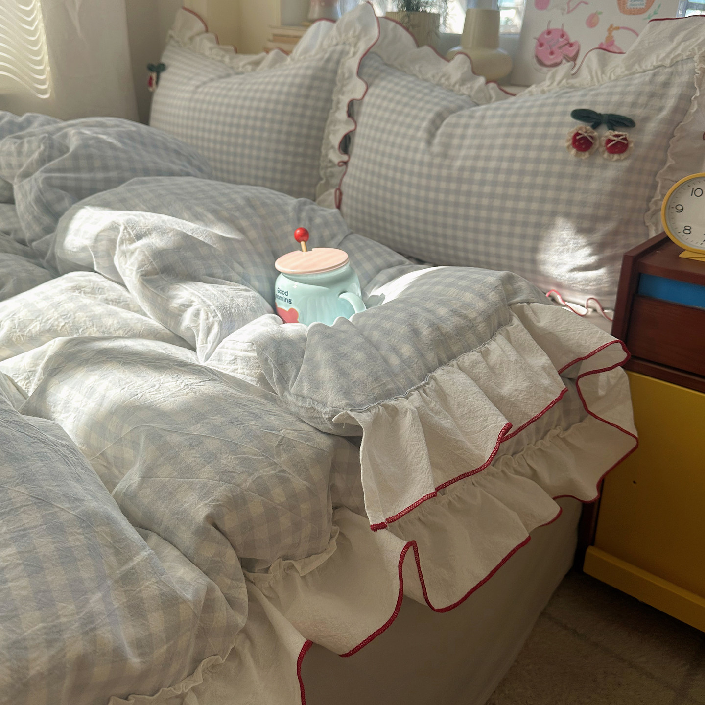 【宅姿势】韩系ins风樱桃格子四件套全棉水洗棉少女床品四件套HM