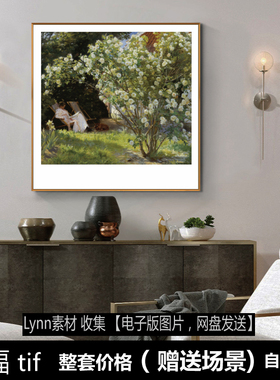 白玫瑰花丛绿色风景油画 印象派复古艺术装饰画 客厅挂画图片素材
