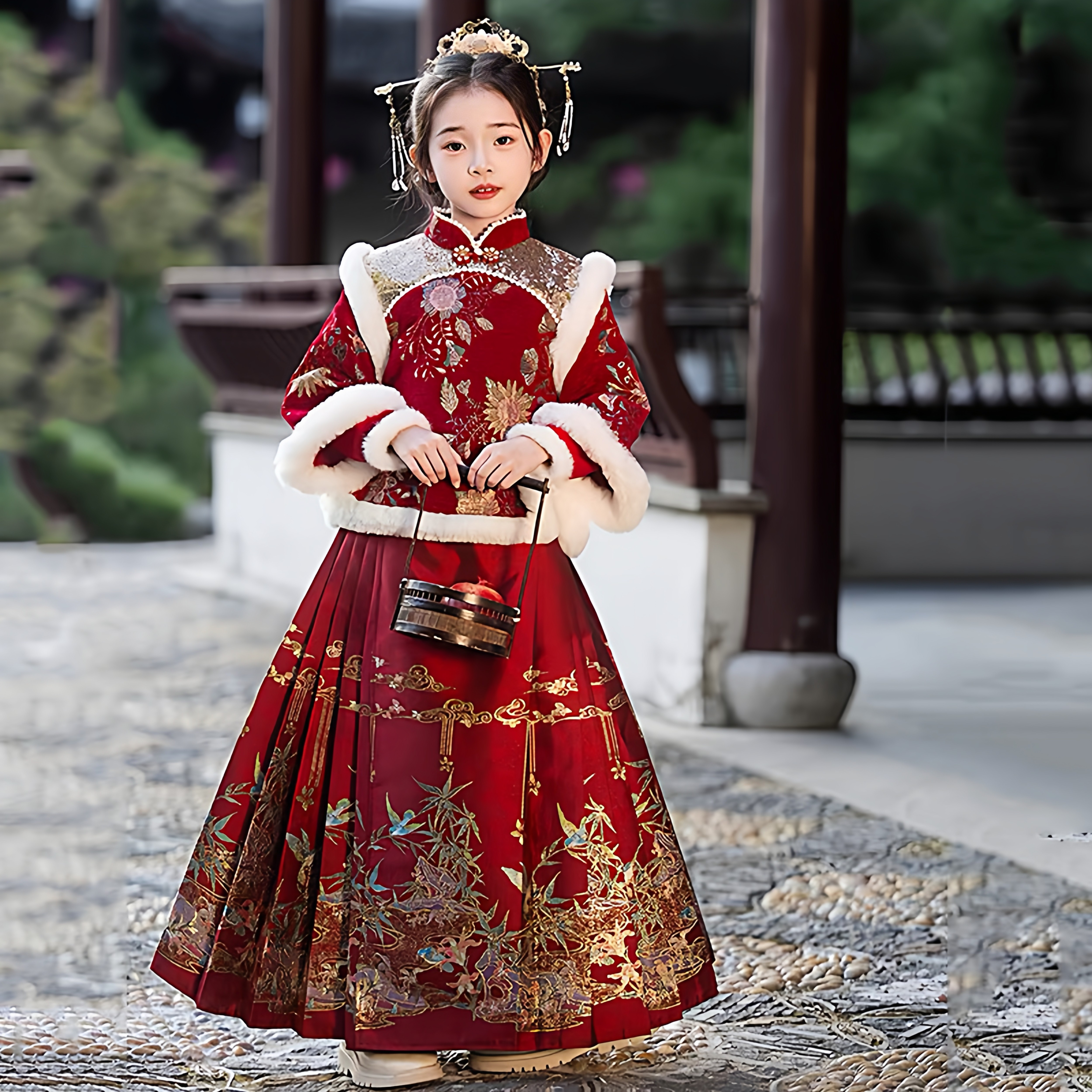 女童2026新款高级感酒红色女孩拜年服冬装儿童婚纱主持人两件套装