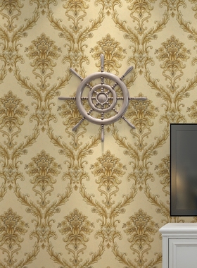 金黄色3d大马士革欧式壁纸客厅卧室酒店奢华别墅装修大花背景墙纸