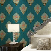 欧式 宫廷3D立体墙纸卧室客厅背景墙美容院酒店包厢奢华深蓝色壁纸