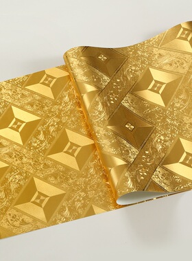 金黄色3D菱形方格墙纸 KTV酒吧餐厅吊顶 简约反光金箔背景墙壁纸