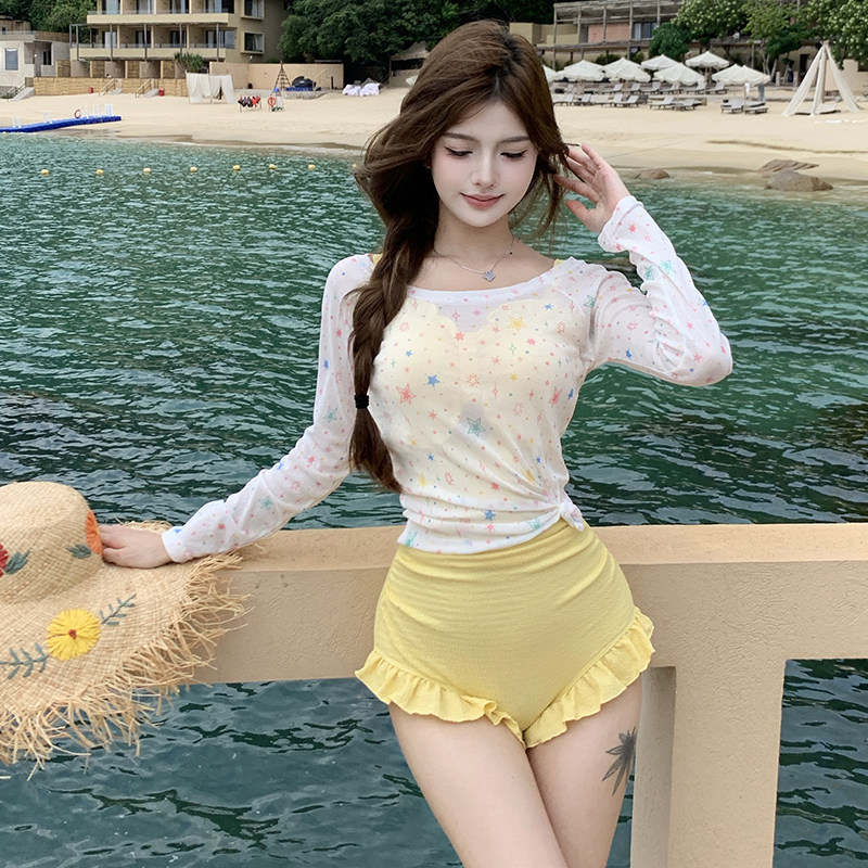 泳衣女连体三角配星星网纱防晒