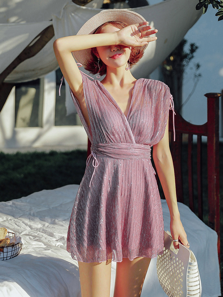 Korean conservative swimsuit women's one-piece skirt cover belly thin sleeve cover with milk new large size hot spring bathing suit