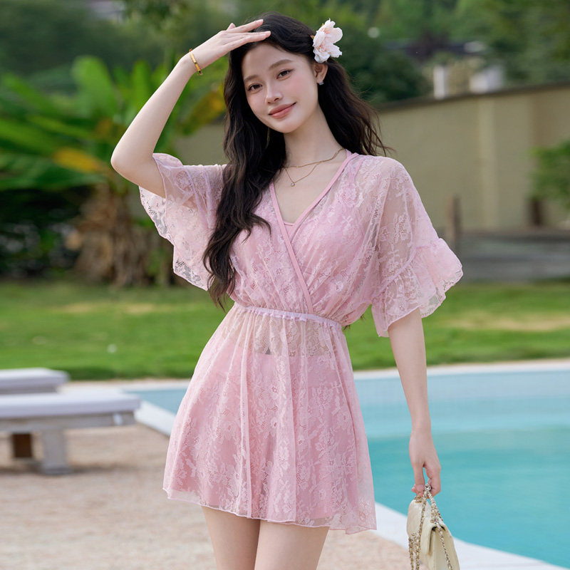 高级感绝美分体三件套泳衣女宽松遮肉保守裤裙微胖女孩泡温泉泳装