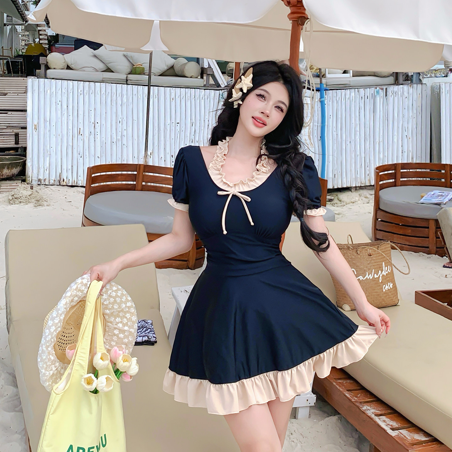 泳衣女款连体裙式保守遮肉显瘦甜美风木耳边挂脖2026新泡温泉泳装