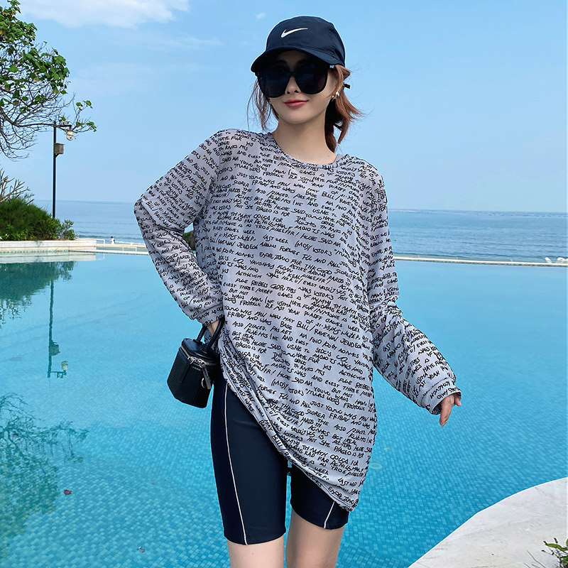 《五分裤》大码泳衣女分体三件套长袖防晒罩衫保守宽松遮肚泡温泉