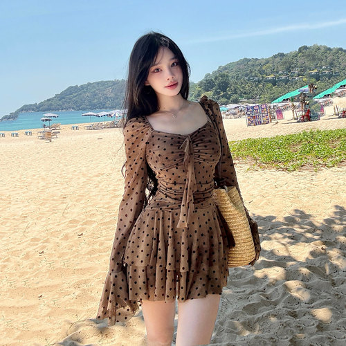 法式复古裙式连体泳衣女夏遮肚