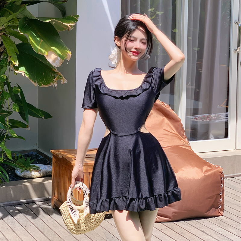 泳衣女黑色气质大码连体裙式性感镂空绝美微胖女孩遮肉显瘦泡温泉