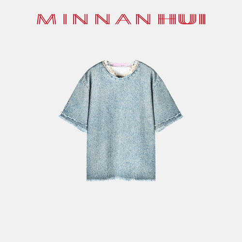 【MINNANHUI】惠敏楠 原创设计复古浅蓝色毛边宽松牛仔T恤外套