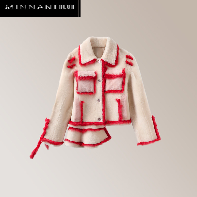 【MINNANHUI】惠敏楠 原创设计多巴胺不对称下摆荷叶皮草短款外套