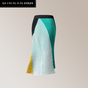 MINNANHUI多巴胺穿搭不对称针织剪裁包臀拼接中裙 设计师品牌