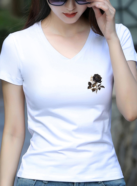 白色短袖t恤女2025夏季新款纯棉修身显瘦体恤衫玫瑰花印花上衣女