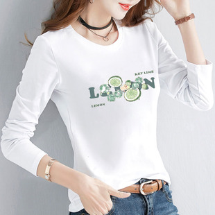 2026春季新款清新柠檬纯棉长袖t恤女修身显瘦韩版体恤衫印花上衣