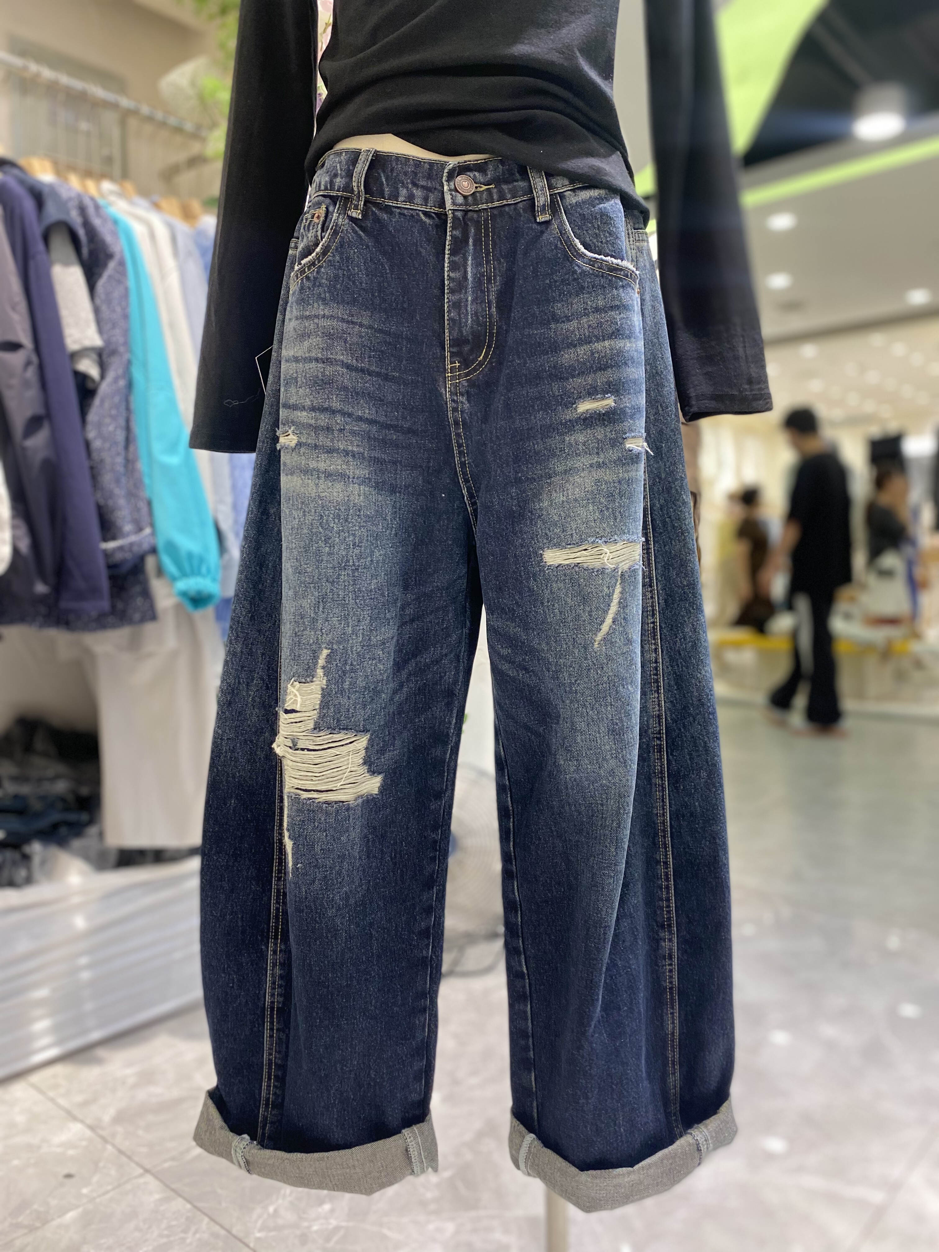 2025秋季新款时尚百搭显瘦设计感松紧腰高腰破洞直筒牛仔裤女,女装/女士精品,牛仔裤,淘宝优惠券,粉丝福利购,淘宝优惠卷