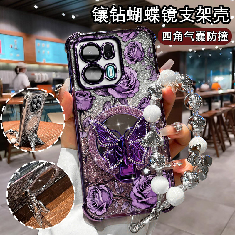 适用于OPPOK15Pro手机壳满屏印花闪粉PMH110高级感气囊K15Pro+镜头膜PMG110电镀外壳K15Pro+蝴蝶补妆镜opop壳