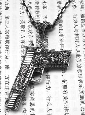 匠艺原创自由女神欧美高街嘻哈纯银复古送礼手枪吊坠项链百搭潮男
