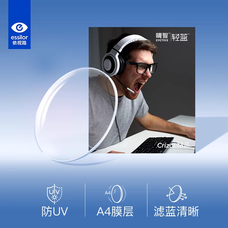 依视路睛智系列轻蓝非球面成品近视眼镜片赠眼镜框架