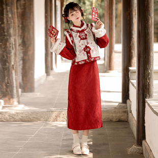 汉青月汉服女新中式 拜年服旗袍改良加绒加厚马甲温柔日常秋冬款