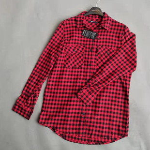 外贸全棉磨毛格子衬衫春秋季女士休闲衬衣长袖方领  修身女款上衣