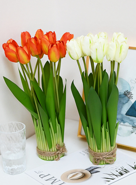 白色高品质郁金香仿真花高档捧花拍照假花花束黄色摄影道具餐厅桌