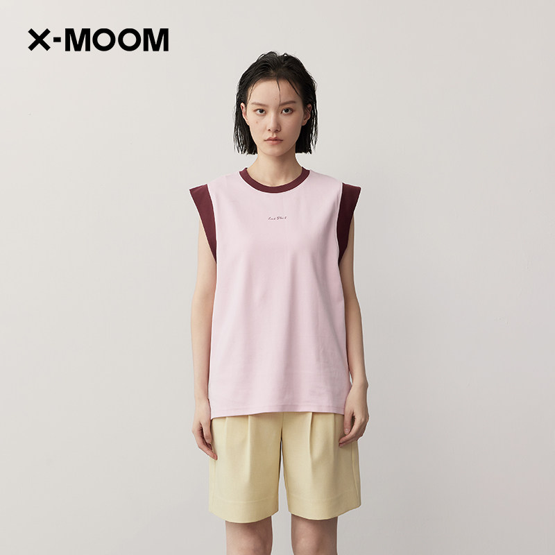 【商场同款】X--MOOM夏季新款设计感撞色领夹圈无袖宽松T恤女