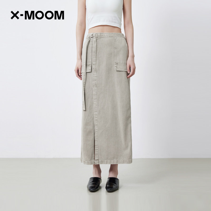 【商场同款】X--MOOM2025夏季新款轻工装沙色直筒长款牛仔半身裙