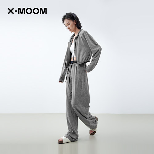 XMOOM撞色松紧腰超薄针织休闲裤