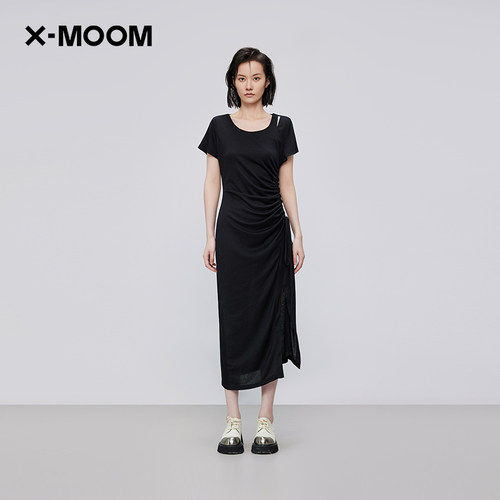 xmoom抽褶侧开叉修身显瘦连衣裙