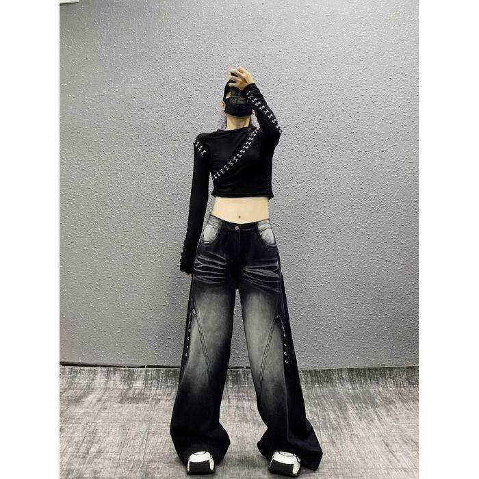 黑色渐变设计感阔腿牛仔裤女2025年春秋新款宽松高腰梨型身材裤子