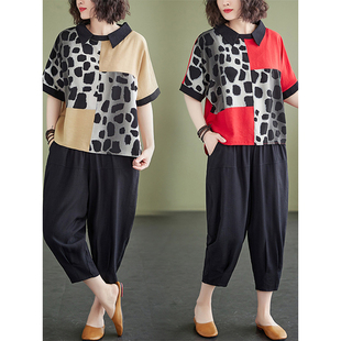妈妈夏装2026夏款新款中老年女装拼接短袖上衣阔腿裤棉麻两件套装