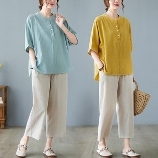 中年妈妈装2026夏装新款中老年棉麻短袖上衣夏款两件套装洋气女装