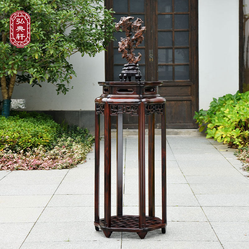 金鼎大红酸枝中式海棠花架明清古典花几交趾黄檀客厅红木置物架