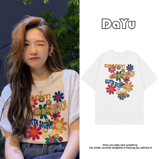 美式复古花卉白色短袖t恤女2025夏季ins小众设计感独特慵懒风上衣