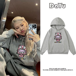 朴彩英明星同款 加绒外套超好看休闲上衣服 灰色连帽卫衣女2025新款