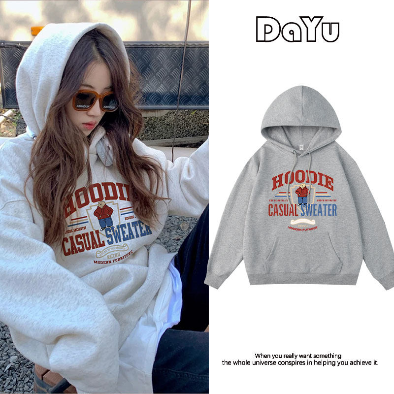 美式复古高级感灰色连帽卫衣女秋冬加绒加厚小众设计感巨好看上衣