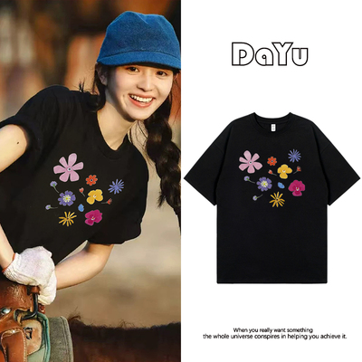 明星同款黑色短袖t恤女2025夏季