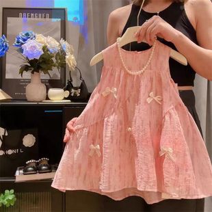 女童连衣裙女孩甜美透气柔软夏季 蝴蝶结粉色公主裙 新款 女宝宝无袖