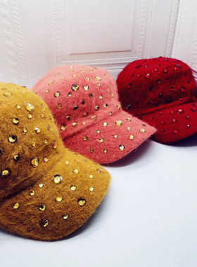 秋冬天韩版百搭亲子休闲短檐逛街女生圆顶保暖兔毛红色水钻棒球帽