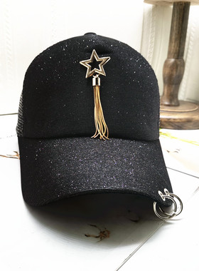 新品男女五角流苏情侣弯檐遮阳户外休闲圆顶逛街亮晶晶黑网棒球帽
