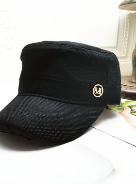 2022年夏春男女情侣休闲字母M短檐大头围青年黑色棉麻透气平顶帽