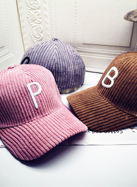 2021秋冬青年男女灯芯绒P字母刺绣休闲帽弯檐圆顶灰色粉色棒球帽