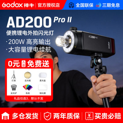 （全新二代）godox神牛AD200pro II二代外拍闪光灯锂电池单反相机TTL高速同步摄影灯户外便携一代口袋双灯头