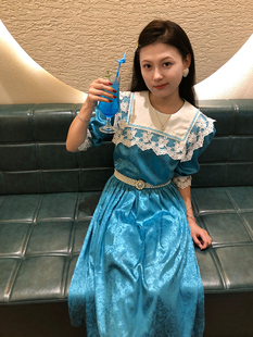 南君原创设计小众复古「蓝冰花」缎面提花湖蓝色蕾丝领连衣裙中长