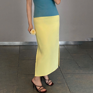 南君丨百搭基础款明黄色双开叉半身裙