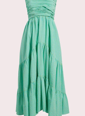 一线时装Cinq A Sept女装绿色条纹抹胸连衣裙