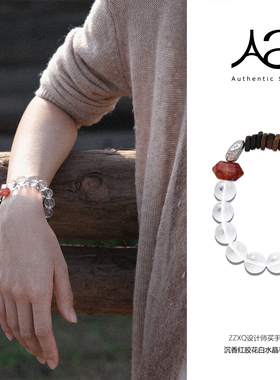 真己 原创设计师款沉香红胶花白水晶手串天然石串珠手链女