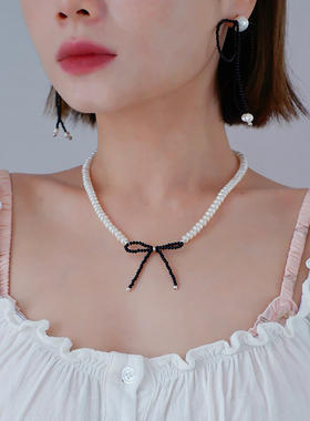 GAGA Studios小众天然黑玛瑙蝴蝶结珍珠项链算盘珠天然珍珠俏皮