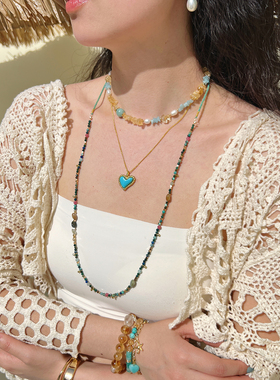 莓拉「尼斯海岸」串珠长项链原创设计彩色天然石度假编绳毛衣链